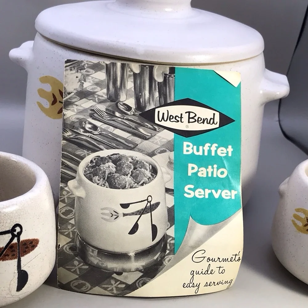 Vintage MCM West Bend Bean Pot & lid  2 Qt Crockery Fork & Spoons Design 2 Bowls